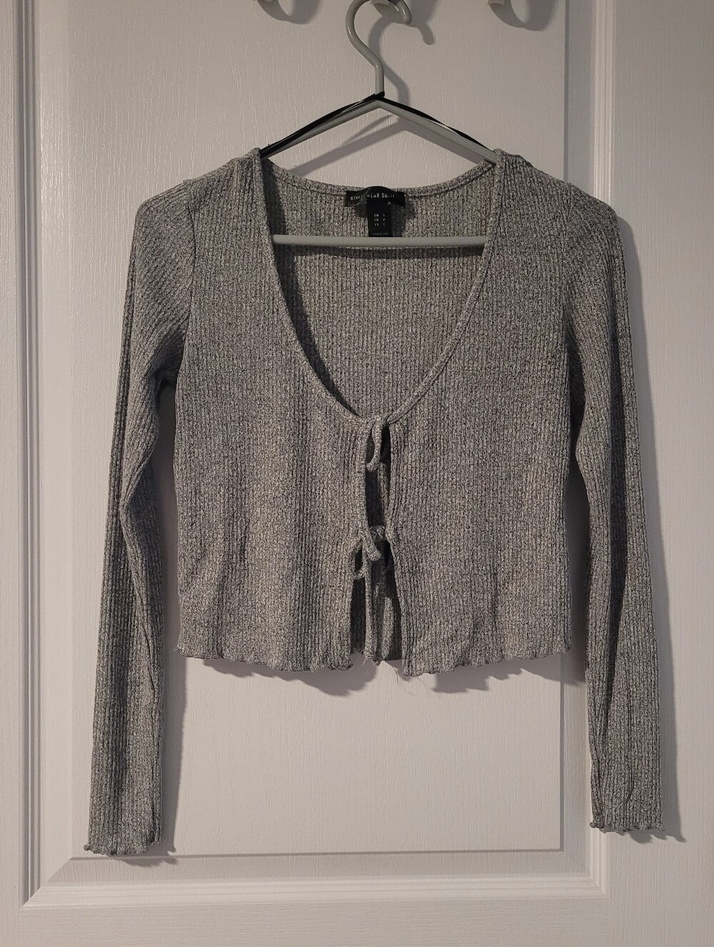 A New Day Gray Ribbed Tie-Front Crop Top